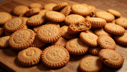 Delicious speculoos cookies piled on wooden board with one broken cookie