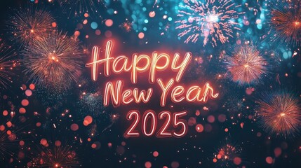 Glowing neon "Happy New Year 2025" text with sparkling fireworks