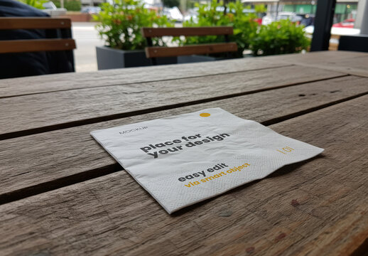 Square Paper Napkin on Wooden Table Mockup