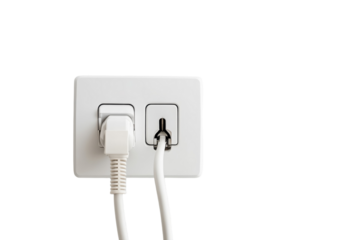 Wires connect to wall socket in modern, minimalist interior design with a neutral backdrop isolated on transparent background