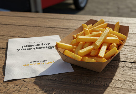 Square Paper Napkin with French Fries on Wooden Table Mockup