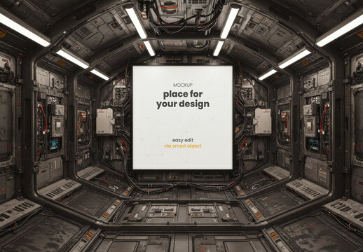 Square Sign Mockup on Spaceship Tech on Space
