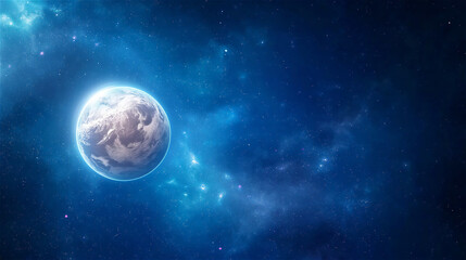 Obraz premium A stunning view of the Earth from space, with stars and nebulae surrounding the planet, illustrating the vastness of the universe.
