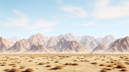 Fototapeta premium A vast desert landscape with mountains in the distance, a clear sky, and dry, barren land, capturing the beauty and solitude of the arid environment.