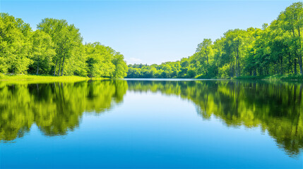 Fototapeta premium A serene view of a calm river surrounded by lush trees and greenery, creating a tranquil natural environment for outdoor activities and relaxation.