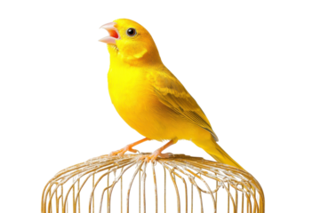 Bright yellow canary singing proudly atop a delicate birdcage against a clean white background isolated on transparent background