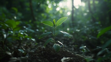 Young tree sprouting in green forest images