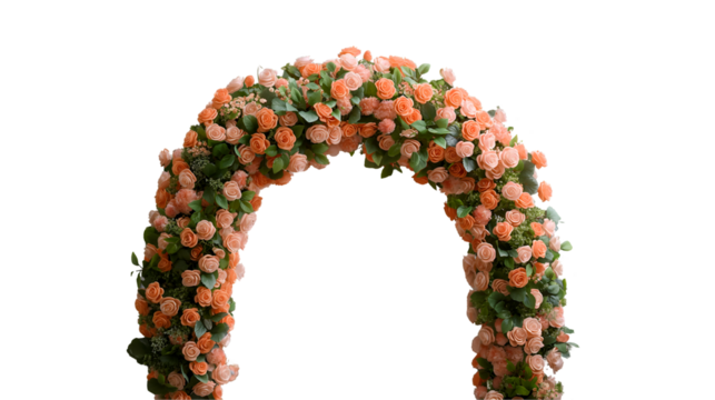 Peach Rose Floral Arch Garden Wedding Pathway, Romantic Decor for Spring and Summer Events, isolated on transparent background.