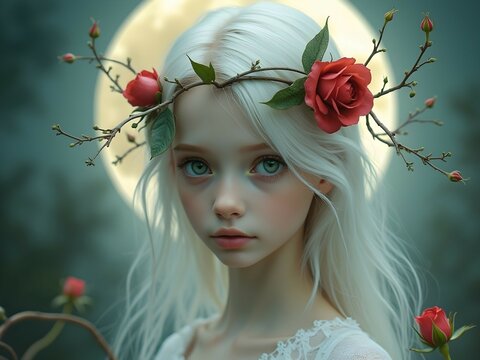 Fantasy girl with platinum hair and red rose crown