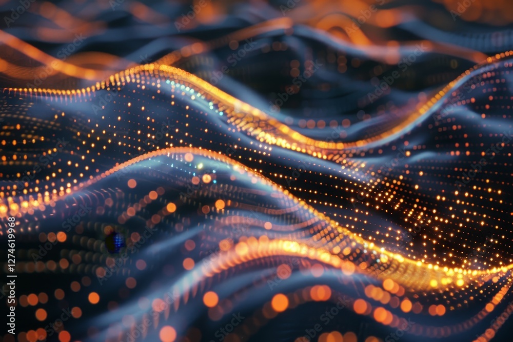 Fototapete Dynamic waves of glowing particles create an abstract representation of data flow in vibrant colors and intricate patterns