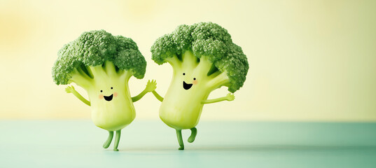Two smiling cartoon broccoli characters joyfully dancing and holding hands on a white background, symbolizing friendship, healthy eating, and happiness. nutrition, wellness, and fun, copyspace