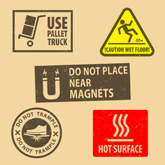 Set of fragile sticker Do Not Trample icon packaging symbols sign, Hot Surface  rubber stamp on cardboard background, vector illustration. Use on package. EPS10.
