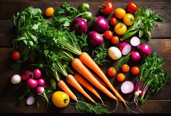 colorful ingredient flat lay featuring vibrant vegetables herbs sophisticated culinary creations gourmet recipes, arrangement, display, plating