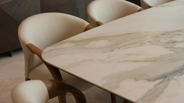 Modern dining table with marble top and several chairs around it. Chairs have smooth, curved design with wooden armrests. Table and chairs are set in contemporary setting
