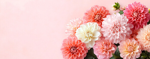 Obraz premium A soft floral arrangement featuring blooming dahlias in pink and white hues, ideal for wedding invitations, Women's Day, or Mother's Day celebrations, with ample copy space.