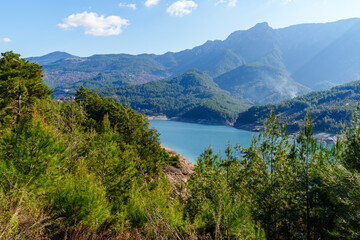 Scenic Lakeside View with Forests and Mountains Under Clear Blue Sky..