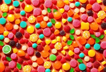 Fototapeta premium colorful luscious candy assortment fruit shapes bright pastel background awaiting delight your eyes taste buds, assorted, vibrant, confection, sweet