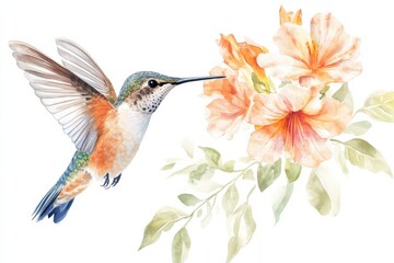 Fototapeta premium A vibrant hummingbird gracefully flutters near blooming hibiscus flowers in full bloom isolated on transparent background