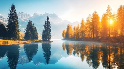 Obraz premium Serene Autumn Lake Reflecting Majestic Mountains and Golden Trees