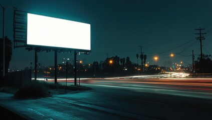 Blank Billboard at Night: Illuminating Urban Nightscape with Traffic Trails and City Lights