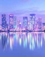 Fototapeta premium City skyline reflecting on water at dusk, showcasing urban beauty and tranquil environment