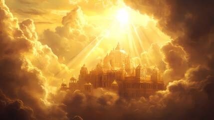 Fototapeta premium The clouds part to reveal a majestic golden temple, bathed in an intense beam of divine light , spiritual icon, radiant. Mystic Radiant Temple. Illustration