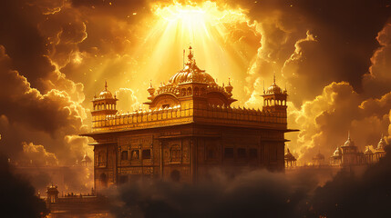 Obraz premium The clouds part to reveal a majestic golden temple, bathed in an intense beam of divine light , spiritual icon, radiant. Mystic Radiant Temple. Illustration