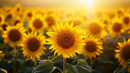 Obraz premium Bright summer sunflower field stretches across the landscape, showcasing vibrant blooms under the warm golden light of evening. Generative AI