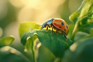 Fototapeta premium Colorado potato beetle eating green potato leaves close-up. shallow depth of field. macro. high detailization.