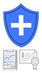Obraz premium Blue shield adorned with medical cross, document displaying chart and statistics, certificate with seal and dollar sign. Ideal for insurance, protection, healthcare, finance, certification