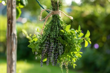 Freshly harvested herbs hung to dry in a rustic garden during a sunny afternoon in early summer