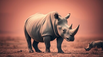 Fototapeta premium Majestic White Rhino in African Savanna Sunset
