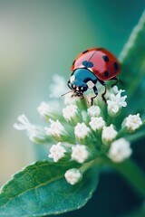 Fototapeta premium Ladybug crawling on green leaves of flower. Close-up macro. Small depth of field