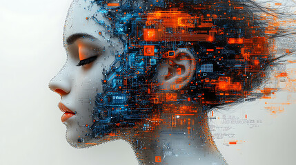 Futuristic digital illustration of a human head composed of intricate blue and orange circuit patterns, symbolizing artificial intelligence, machine learning, and cybernetic technology.

