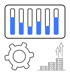 Vertical bar chart with blue segments, gear icon, and skyscrapers with upward arrows. Ideal for business growth, analytics, performance, strategy, planning progress economic trends. Abstract line