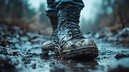 A detailed close-up shot of a rugged, muddy military boot stepping into a puddle in a damp, foggy forest