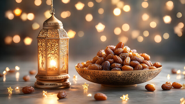 A golden lantern glows warmly beside a decorative bowl filled with fresh dates, symbolizing the spirit of Ramadan and Islamic traditions