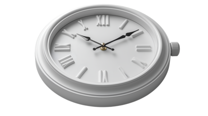 White Roman Numeral Clock Minimalist Home Decor, Round Design for Timeless Style, isolated on transparent background.