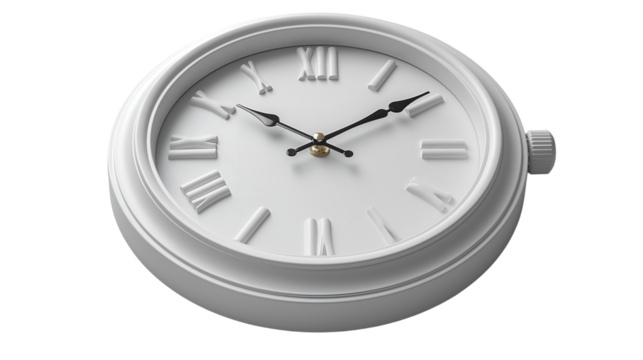White Roman Numeral Clock Minimalist Home Decor, Round Design for Timeless Style, isolated on transparent background.