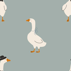 Seamless pattern with cute animals, geese on a colorful background background. Vector illustration for printing. Cute baby background. 