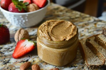 Delicious spread of healthy snacks featuring fruits, nut butters, and whole grain breads arranged on a dark table