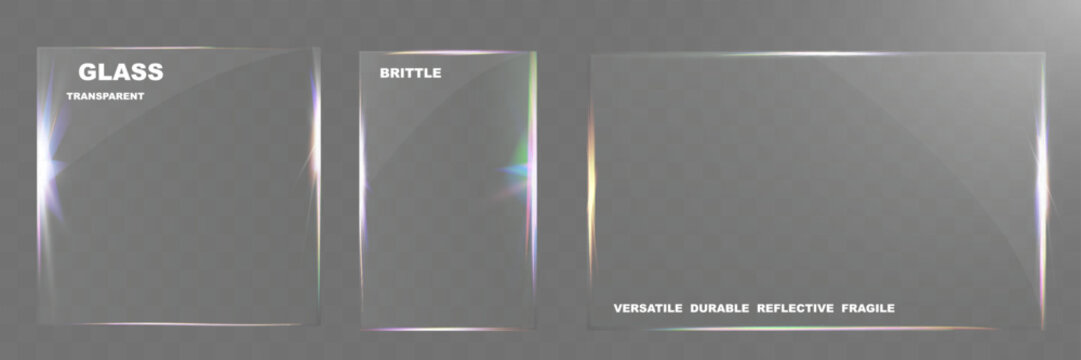 Transparent glass elements with light reflections, transparency effects, and realistic details for modern interface design.	