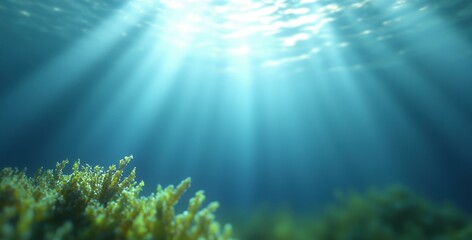 Obraz premium Underwater scene with sunlight filtering through, highlighting marine life.