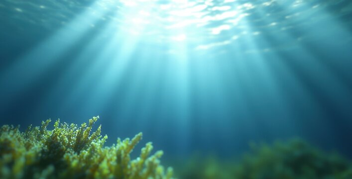 Underwater scene with sunlight filtering through, highlighting marine life.