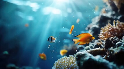 Obraz premium Underwater scene with colorful fish swimming among coral reefs.