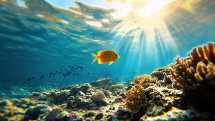Fototapeta premium Vibrant underwater scene with fish and coral illuminated by sunlight.