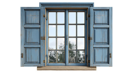 Obraz premium Blue Wooden Shutters Rustic Window View, Nature Scenery for Home Themes, isolated on transparent background.