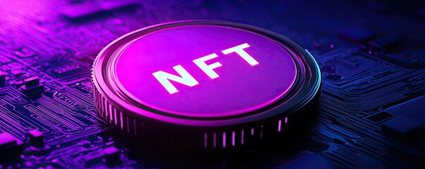 A banner for NFT nonfungible tokens, displaying glowing blue and purple HUD elements on a computer circuit board, representing DeFi in a futuristic hi-tech setting with modern technology