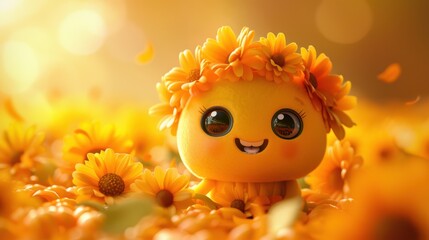 Sun character with a flower crown, radiating warmth, on a white background