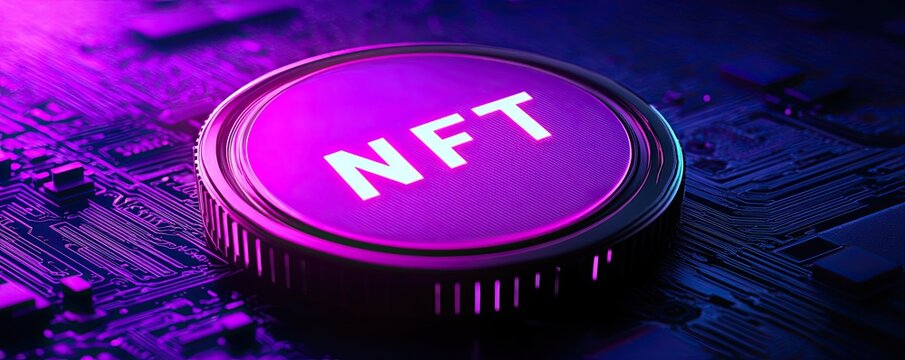A banner for NFT nonfungible tokens, displaying glowing blue and purple HUD elements on a computer circuit board, representing DeFi in a futuristic hi-tech setting with modern technology